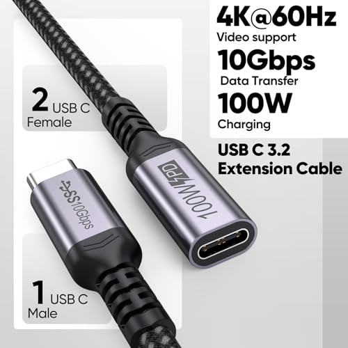 DteeDck USB C Extension Cable 6 inch Short, Full-Function Extender USB 3.2 Gen 2 Type C Male to Female Cord 100W Fast Charge 10Gbps Transfer 4K@60Hz Video for Monitor Laptop Tablet Mobile Phone -0.5Ft - Image 3