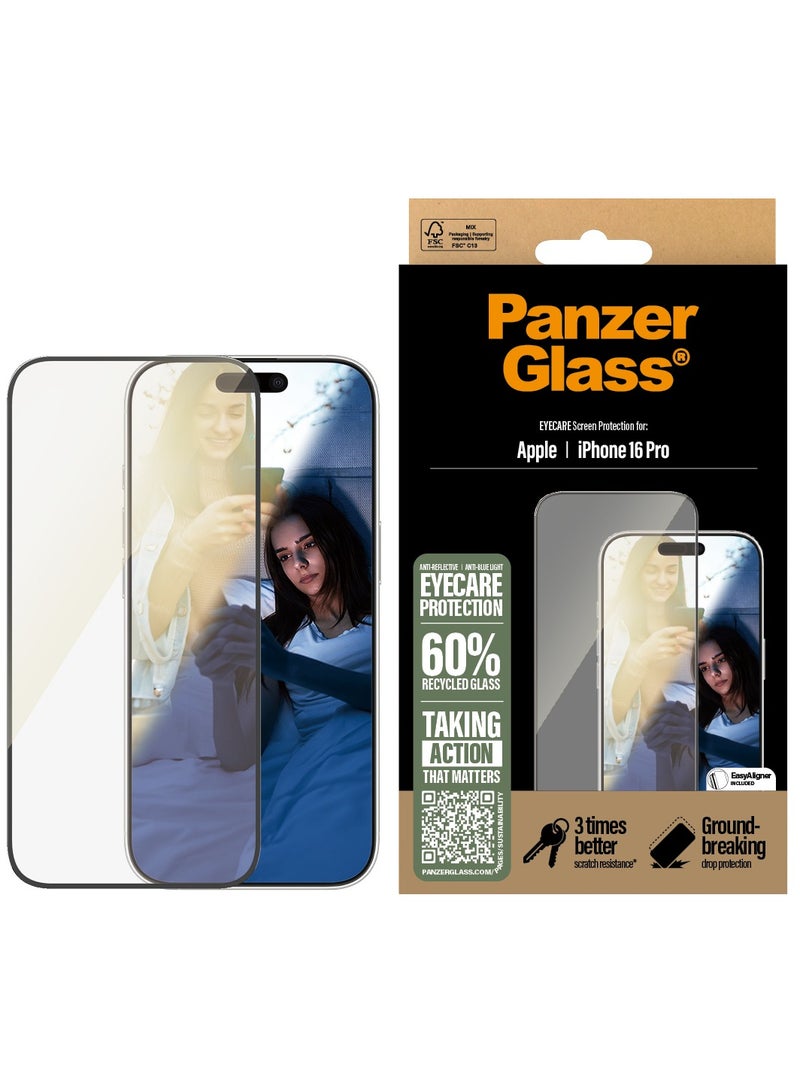 PanzerGlass® Eyecare Screen Protector for Apple iPhone 16 Pro Anti-Reflective, Anti-Blue Light, Tempered Glass, High Scratch Resistance, Impact Resistance - with mounting aid for easy installation - Image 1