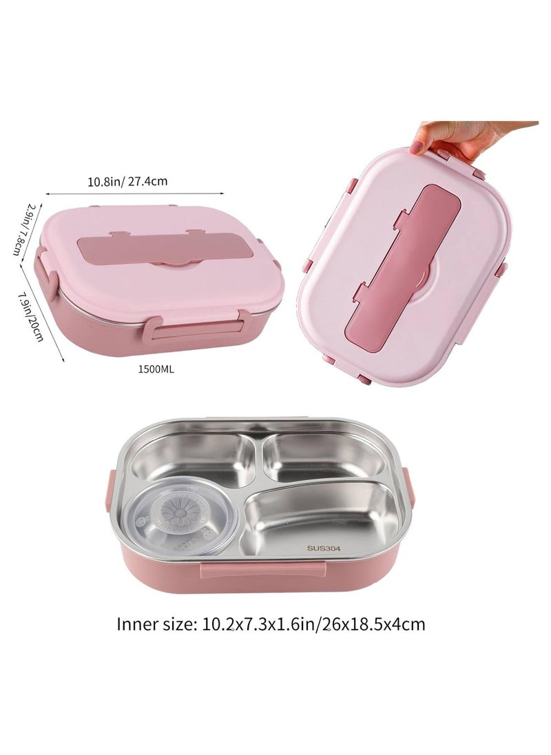 General Lunch box, 4 compartments pink food lunch containers with spoons, chopsticks and soup bowls, removable liner for school office picnics  - Image 2