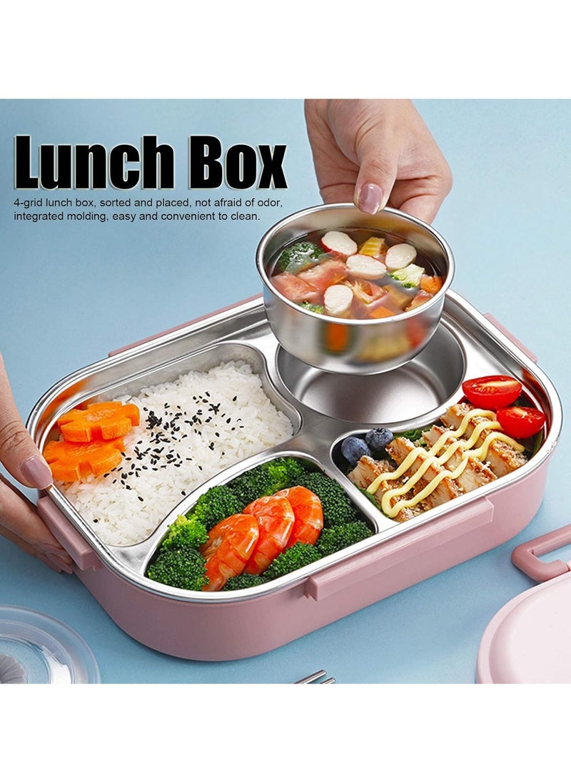 General Lunch box, 4 compartments pink food lunch containers with spoons, chopsticks and soup bowls, removable liner for school office picnics  - Image 3