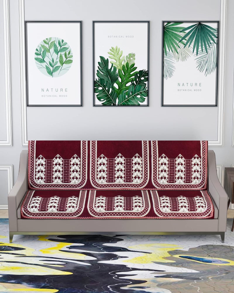 Nendle Luxurious Abstract Design Sofa Cover 3 Seater Velvet| 3 Seater Sofa Cover for Living Room, Drawing Room and Hall (Pack of 2, Maroon) - Image 1