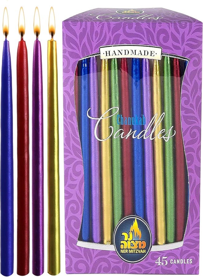 Ner Mitzvah Dripless Chanukah Candles Standard Size, Metallic Multicolored Hanukkah Candles Fits Most Menorahs, Premium Quality Wax for All 8 Nights of Hanukkah - Count 45 - Image 1