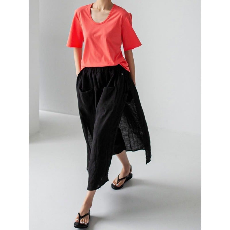 Split Linen Culottes One-piece Womens Spring and Summer Loose Artistic Casual Ankle-length Pants Fake Two-piece Cotton and Linen Wide-leg Pants Skirt Black