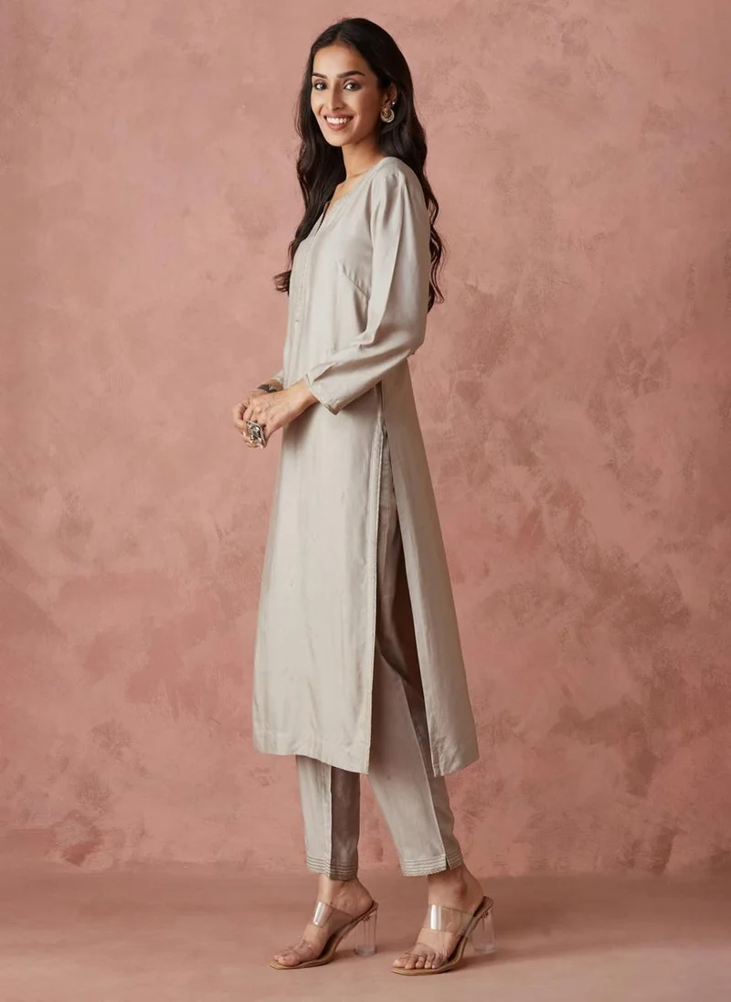 Fabindia Grey Viscose Silk Regular Fit Pant & Kurta Set