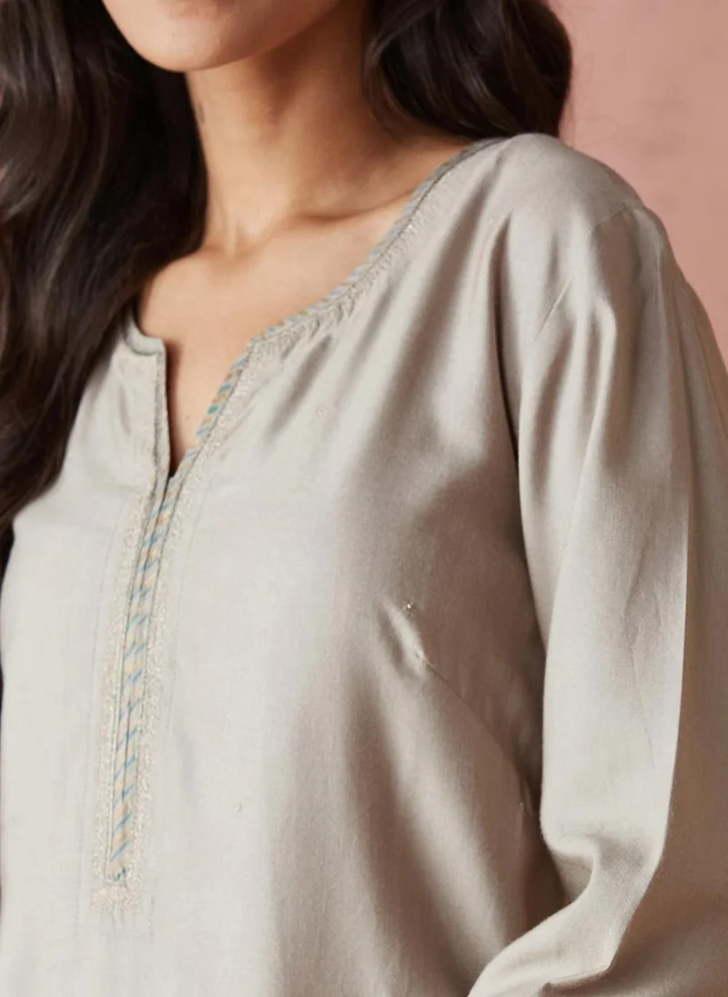 Fabindia Grey Viscose Silk Regular Fit Pant & Kurta Set