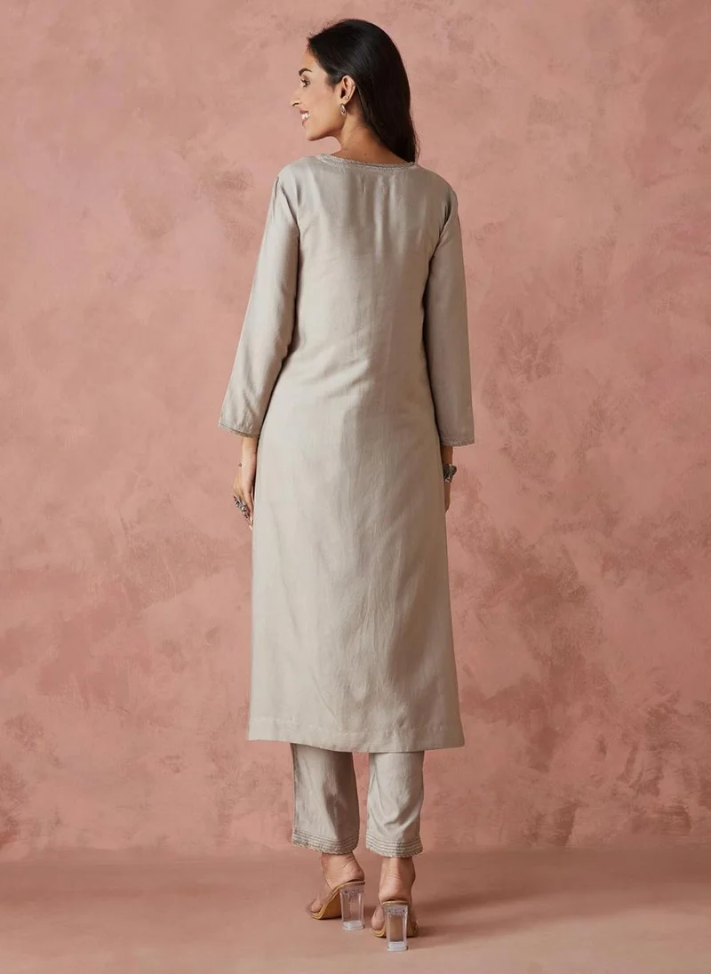 Fabindia Grey Viscose Silk Regular Fit Pant & Kurta Set