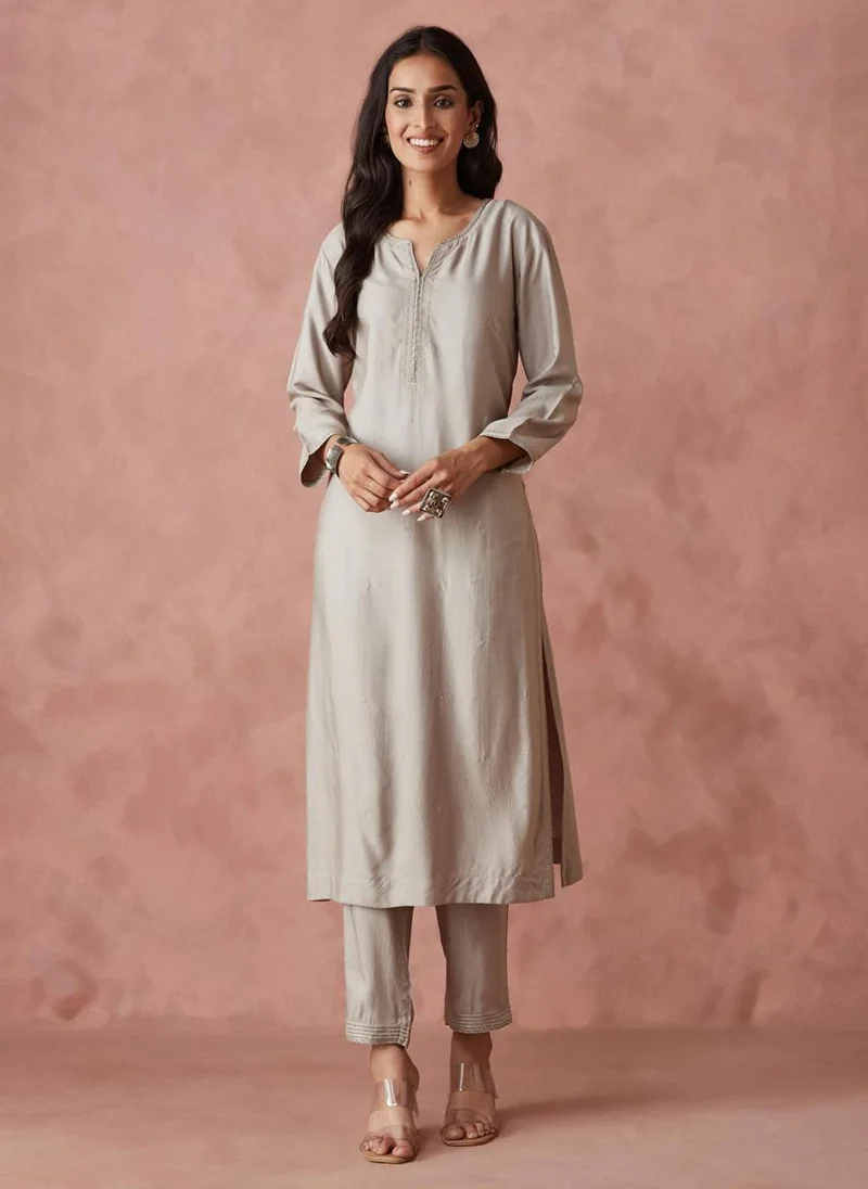 فاب انديا Grey Viscose Silk Regular Fit Pant & Kurta Set