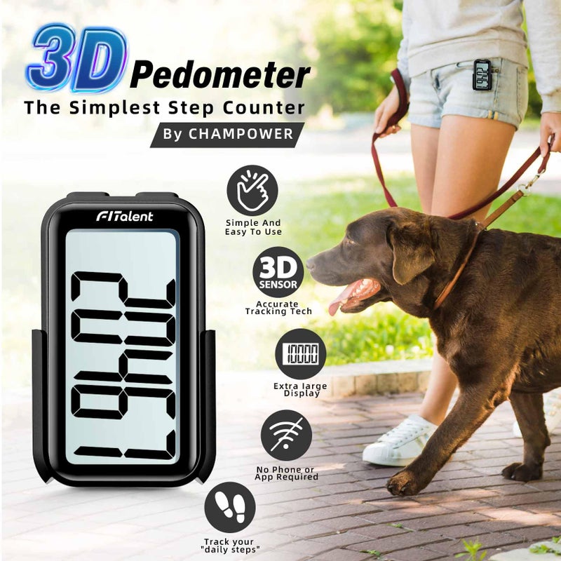 CHAMPOWER Pedometer for Walking, Super Portable Accurately Pedometer for Kids Women Seniors, 3D Step Counter for Walking, Digital Step Tracker with Clip Lanyard, Black - Image 2