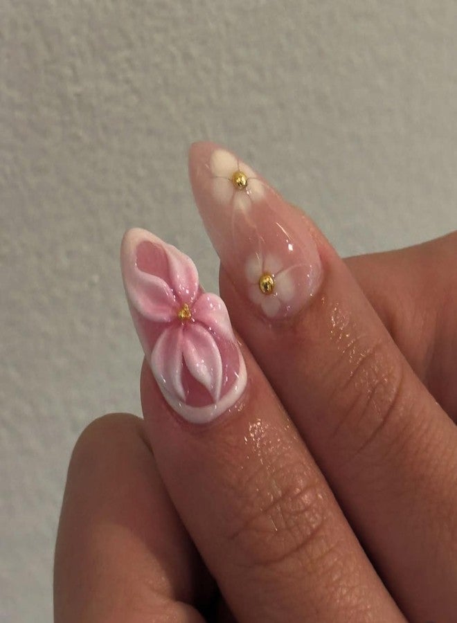 Charmark Almond Press on Nails 3D Flower French Tip Press on Nails Medium with Golden Pearl Press ons - for Women Fake Nails 24Pcs - Image 2