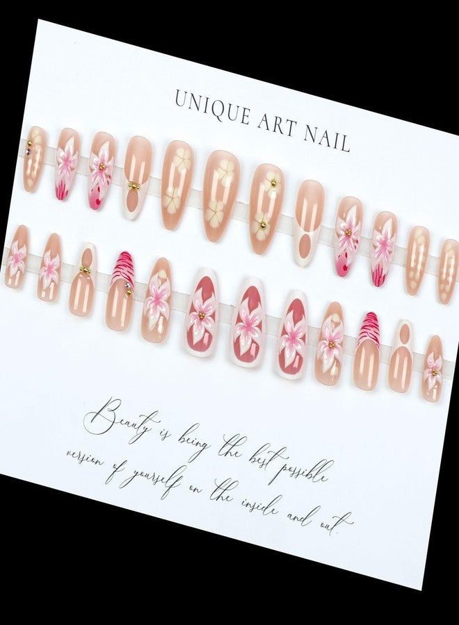 Charmark Almond Press on Nails 3D Flower French Tip Press on Nails Medium with Golden Pearl Press ons - for Women Fake Nails 24Pcs - Image 4