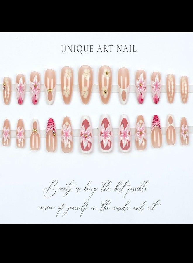 Charmark Almond Press on Nails 3D Flower French Tip Press on Nails Medium with Golden Pearl Press ons - for Women Fake Nails 24Pcs - Image 3