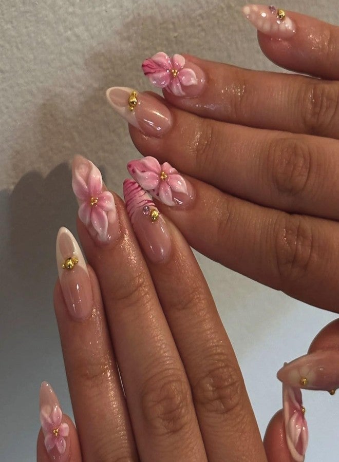 Charmark Almond Press on Nails 3D Flower French Tip Press on Nails Medium with Golden Pearl Press ons - for Women Fake Nails 24Pcs - Image 1