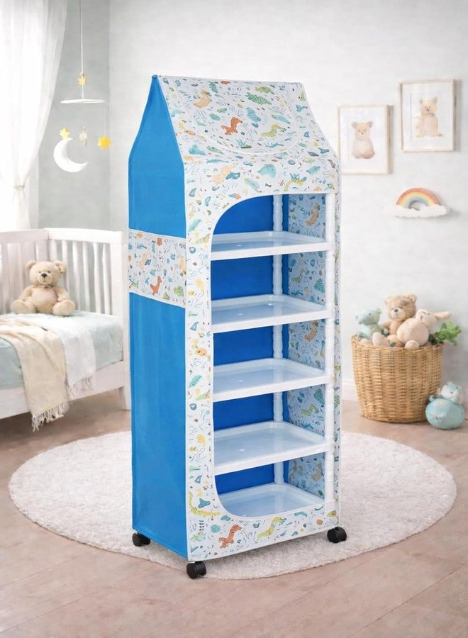 Bagnizer Baby Wardrobe Plastic Kids Storage Rack with Fabric Cover & Wheels | 6-Tier Plastic Shelves Organizer | Toy, Book & Clothes Storage Cabinet for Kids Room (Dinosaur) - Image 2