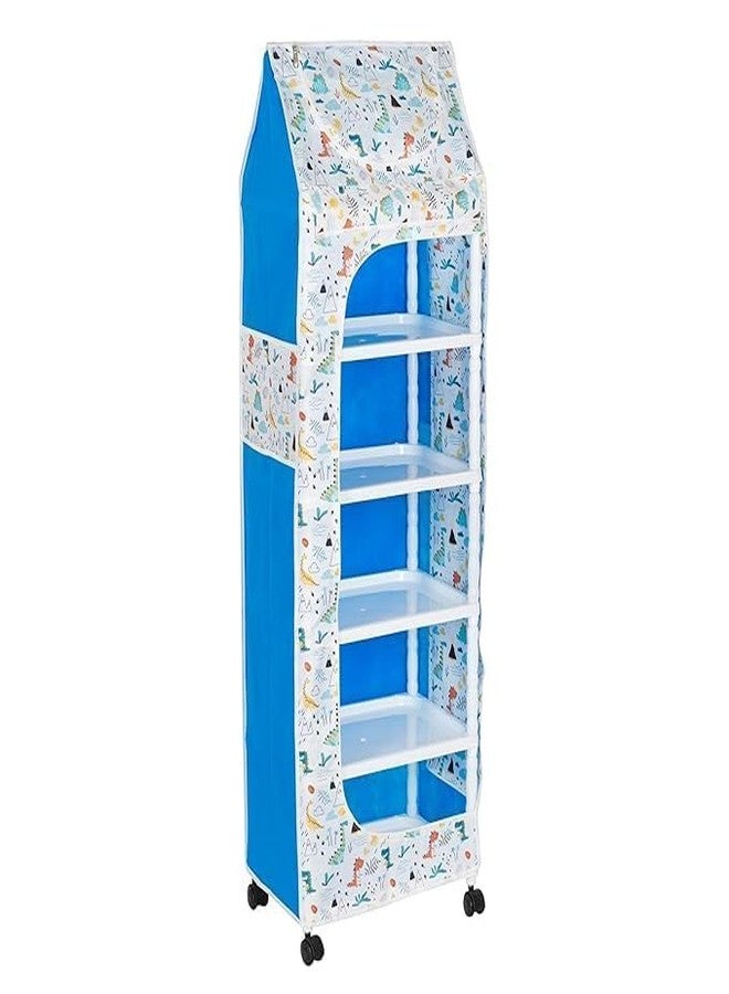 Bagnizer Baby Wardrobe Plastic Kids Storage Rack with Fabric Cover & Wheels | 6-Tier Plastic Shelves Organizer | Toy, Book & Clothes Storage Cabinet for Kids Room (Dinosaur) - Image 4