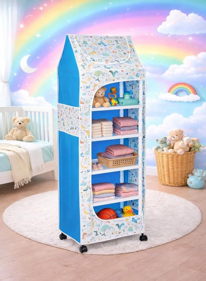 Bagnizer Baby Wardrobe Plastic Kids Storage Rack with Fabric Cover & Wheels | 6-Tier Plastic Shelves Organizer | Toy, Book & Clothes Storage Cabinet for Kids Room (Dinosaur) - Image 1