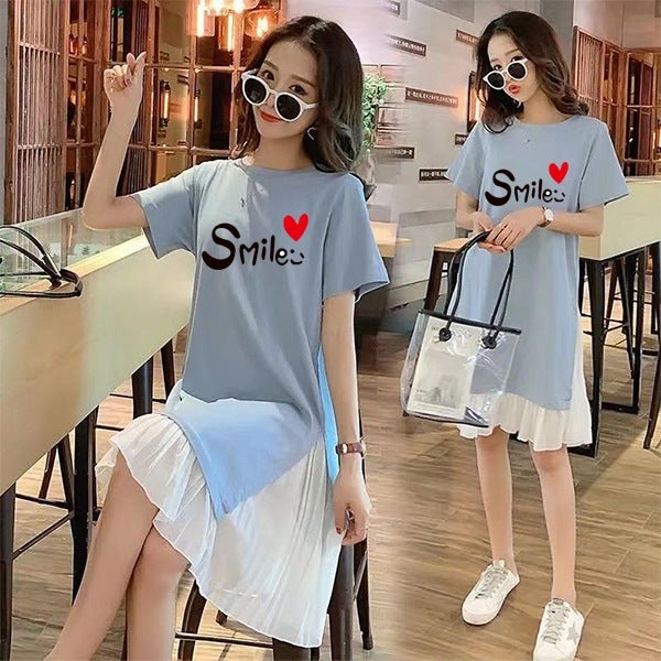 Chubby Girl dress womens summer 2022 New plus size skirt mid-length loose slimming meat covering short sleeve T-shirt skirt fashion Blue