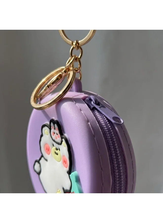 Mobcos Purple Teddy MOBCOS Mini Pouch Keychain – Cute Round Zipper Coin Purse & Multipurpose Mini Storage Bag with Keyring for Coins, Cash, Keys and Small Essentials | Purple Teddy  | Best Price UAE