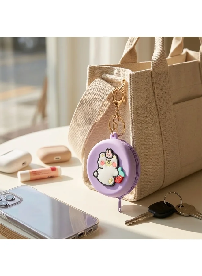 Mobcos Purple Teddy MOBCOS Mini Pouch Keychain – Cute Round Zipper Coin Purse & Multipurpose Mini Storage Bag with Keyring for Coins, Cash, Keys and Small Essentials | Purple Teddy  | Best Price UAE