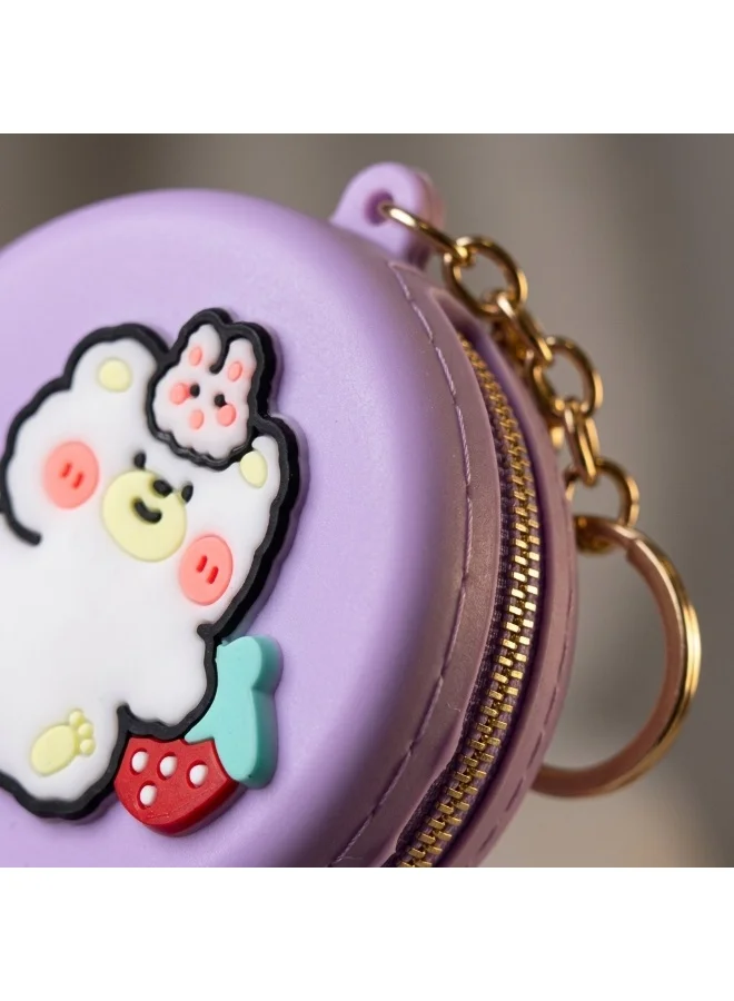 Mobcos Purple Teddy MOBCOS Mini Pouch Keychain – Cute Round Zipper Coin Purse & Multipurpose Mini Storage Bag with Keyring for Coins, Cash, Keys and Small Essentials | Purple Teddy  | Best Price UAE