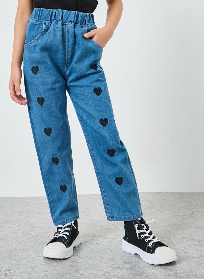 Styli Girls Heart Print Jeans with Pockets - Image 1