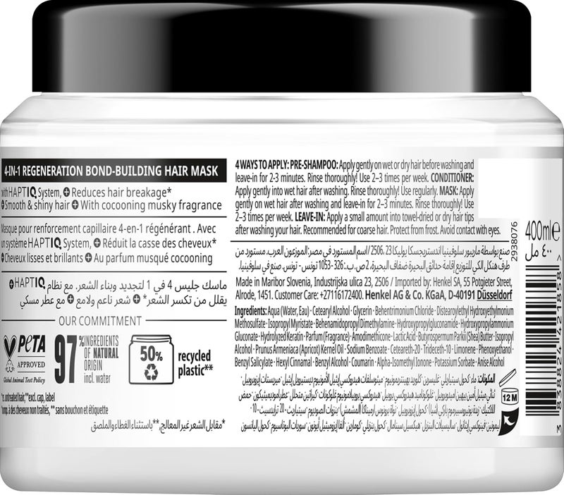Gliss 4-in-1 Regeneration Bond-Building Hair Mask, 400ml — Regenerate damaged hair with this intensive mask, formulated to restore strength and vibrant health - Image 1