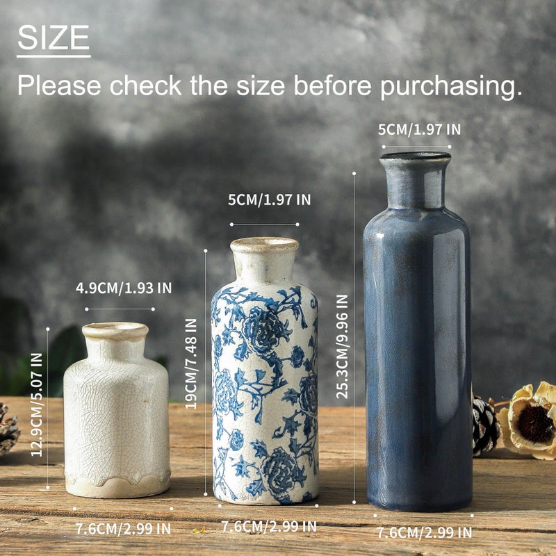 ooit Ceramic Vintage Vases Set of 3, Blue and White Flower Decorative Vase Chinoiserie Decor Rustic Farmhouse Retro Floral Vases for Table Bookshelf Mantel Kitchen Living Room Office - Image 2