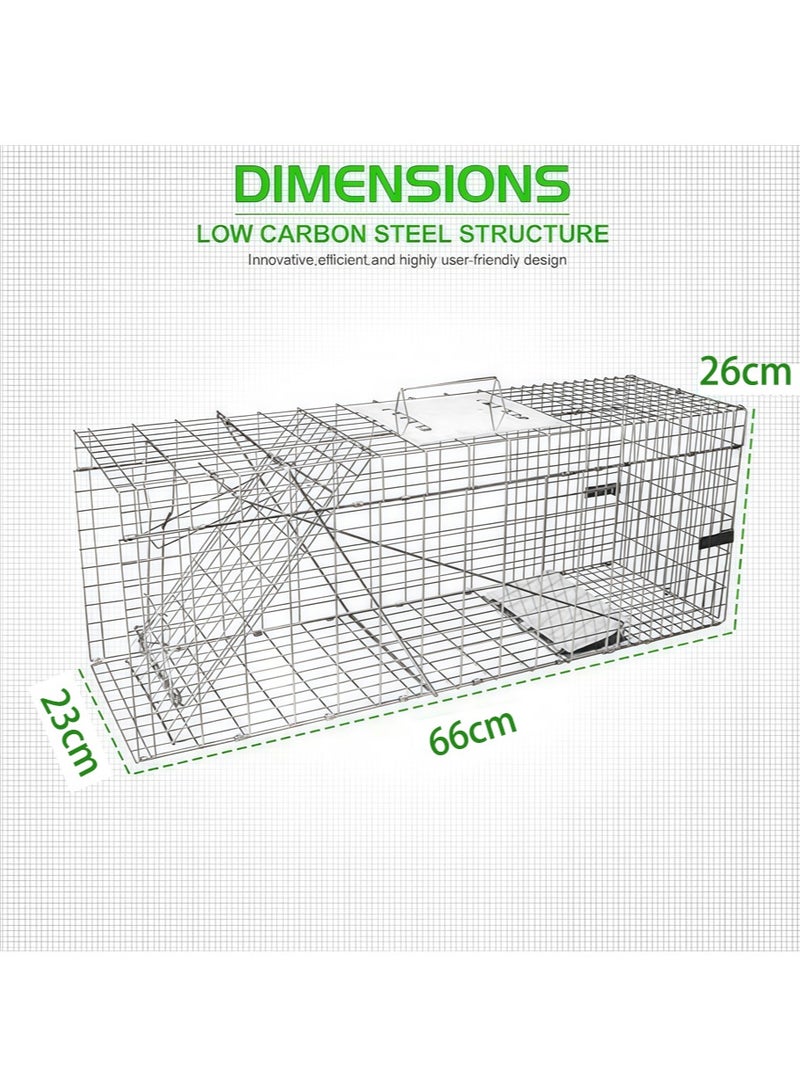 66*23*26 CM Live Animal Cage Trap, Rescue Tool Rabbit Pheasant Cage Folding Fixed Automatic Adoption Animal Mouse Cage, Large Double Door Humane Catch and Release Collapsible Cage for Stray Cats, Puppies, Bobcats, Beavers, Groundhogs, and other similar size animals