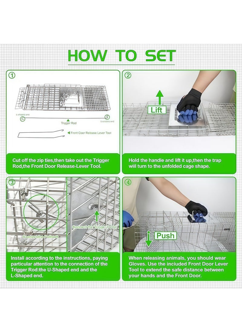 66*23*26 CM Live Animal Cage Trap, Rescue Tool Rabbit Pheasant Cage Folding Fixed Automatic Adoption Animal Mouse Cage, Large Double Door Humane Catch and Release Collapsible Cage for Stray Cats, Puppies, Bobcats, Beavers, Groundhogs, and other similar size animals