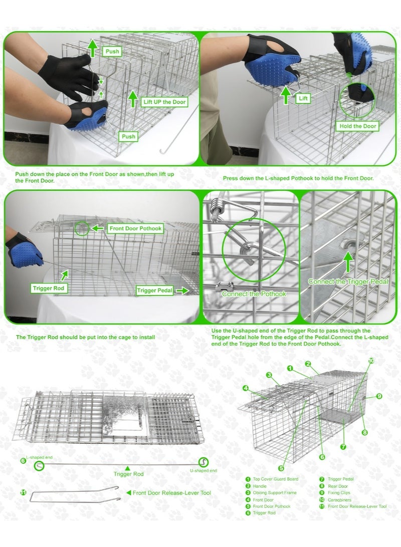 66*23*26 CM Live Animal Cage Trap, Rescue Tool Rabbit Pheasant Cage Folding Fixed Automatic Adoption Animal Mouse Cage, Large Double Door Humane Catch and Release Collapsible Cage for Stray Cats, Puppies, Bobcats, Beavers, Groundhogs, and other similar size animals