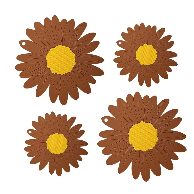 BENCI AntiHot Silicone Trivet Mat 75 55 Inch Daisy Flower Shape Heat Resistant Anti Slip Place Mat for Hot Pots Pans Holder Kitchen Insulation Coaster Hot Pad for Dishes Brown Set of 4 - Image 1