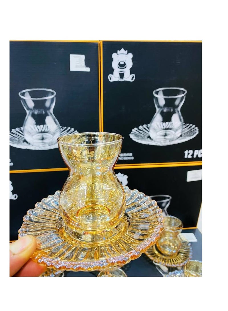 طقم استكانة زجاج  بالطبق 12 قطعه لون عسلي  (6 استكانه + 6 طبق حامل للاستكانه)  - Image 2