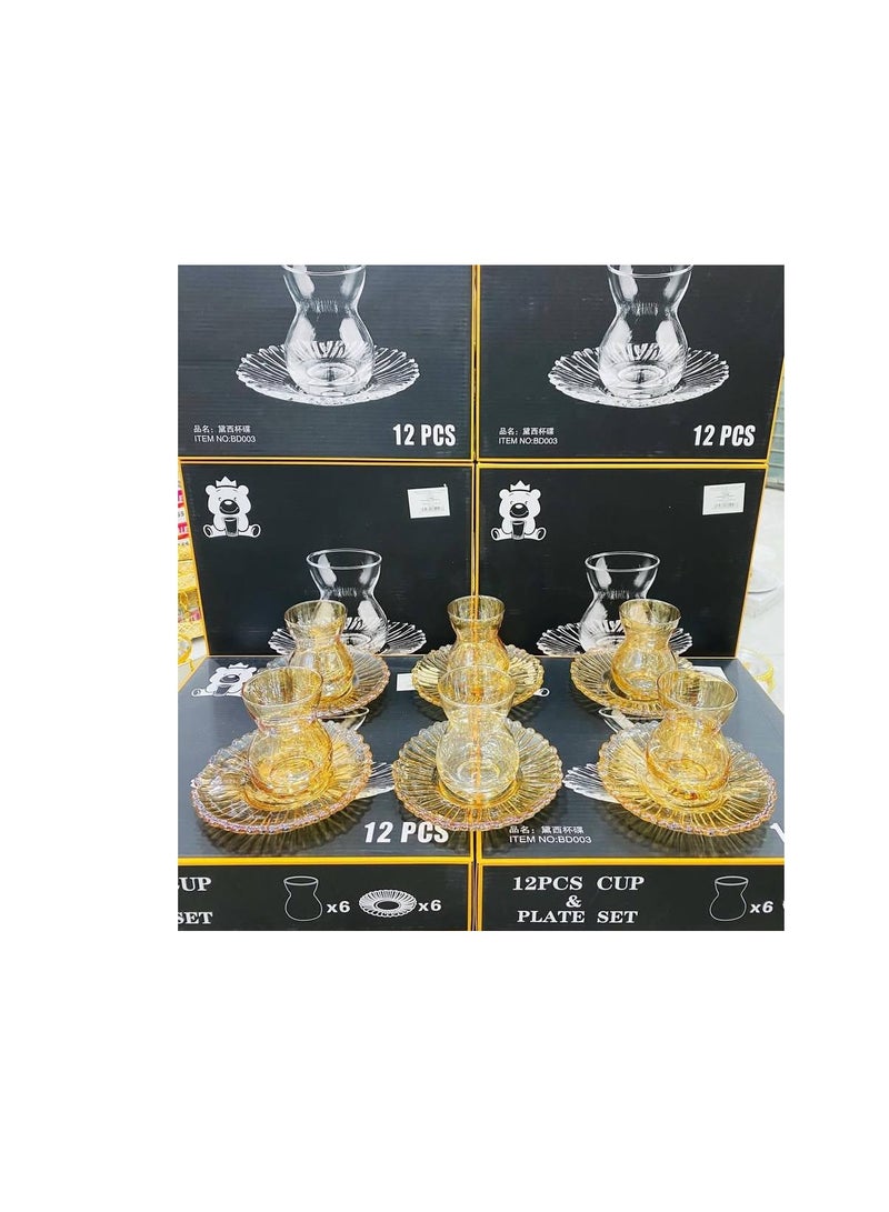 طقم استكانة زجاج  بالطبق 12 قطعه لون عسلي  (6 استكانه + 6 طبق حامل للاستكانه)  - Image 4