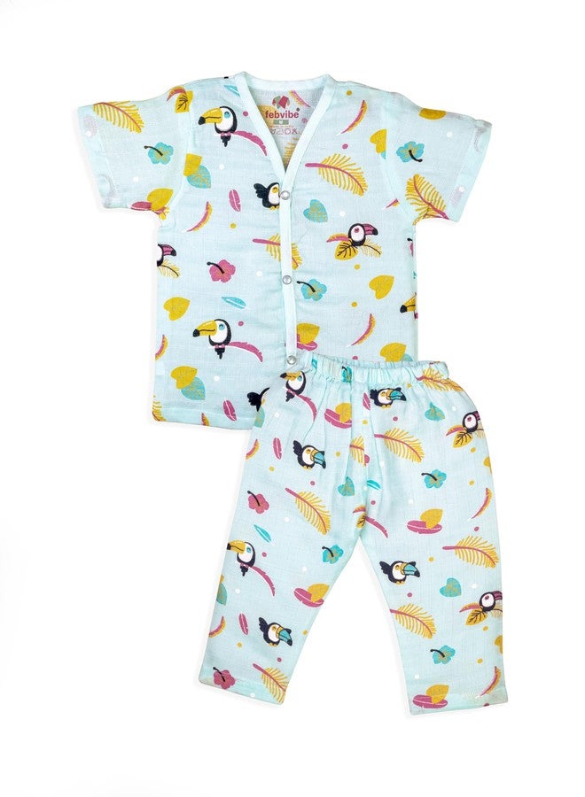 FEBVIBE Baby Muslim Cotton Macaw Pattern Top & Pyjama Set | Soft & Breathable Summer Wear Cloth | Comfortable Collar-Free Jablas Dress for Baby Boys & Girls | Newborn Baby Clothes (06-09 Months) - Image 1