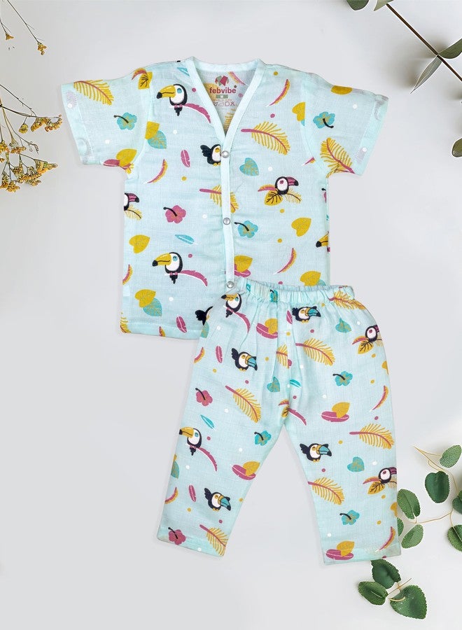 FEBVIBE Baby Muslim Cotton Macaw Pattern Top & Pyjama Set | Soft & Breathable Summer Wear Cloth | Comfortable Collar-Free Jablas Dress for Baby Boys & Girls | Newborn Baby Clothes (06-09 Months) - Image 3