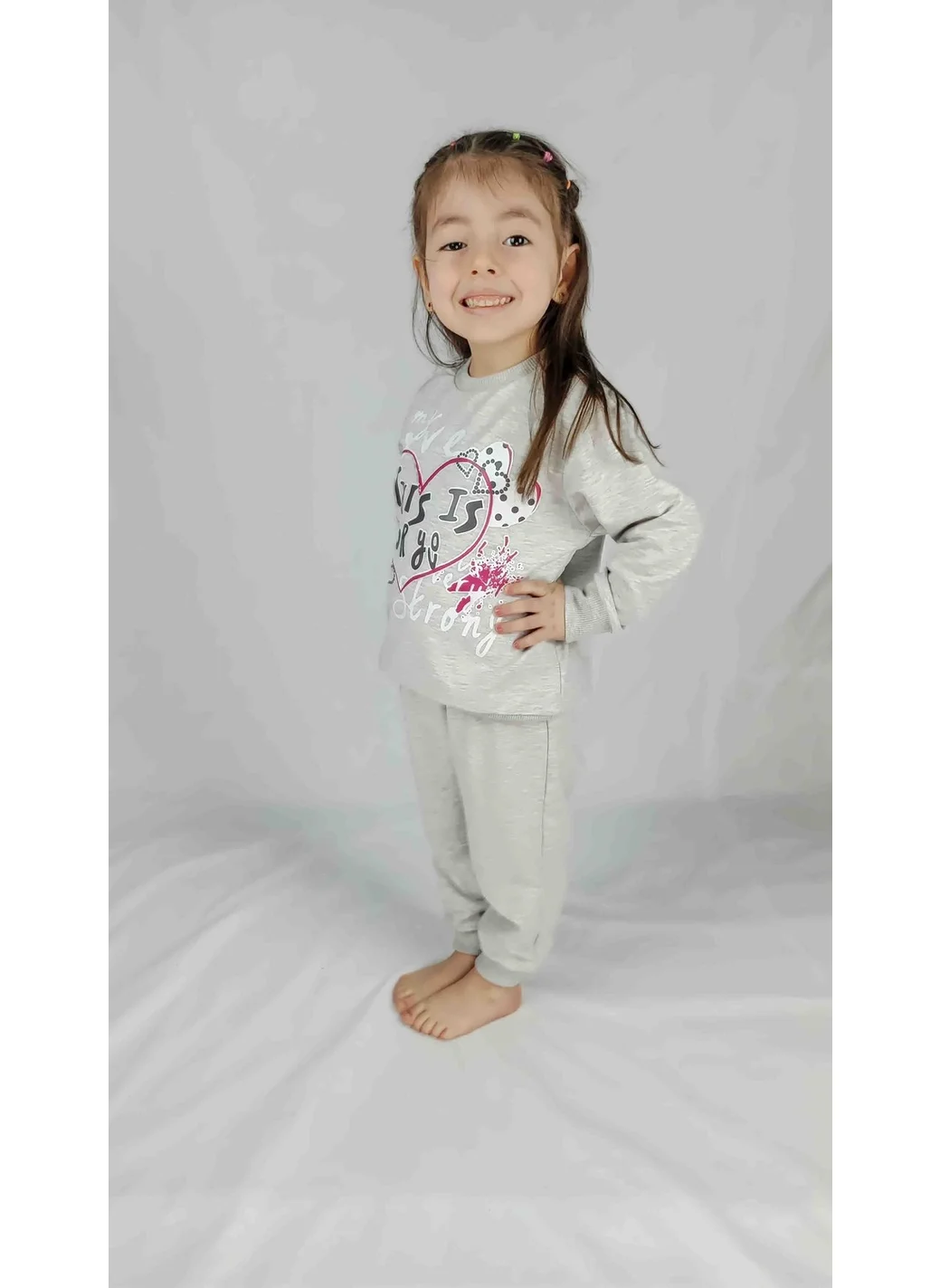 Bluence Girl's Gray Printed Cotton Tracksuit Set