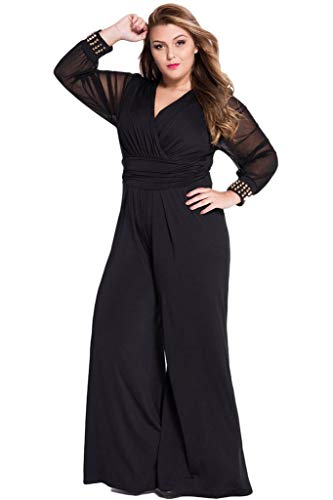 Cokar Womens Plus Size Jumpsuits Long Sleeve V-neck Casual Style Set, Black, Medium - Image 1
