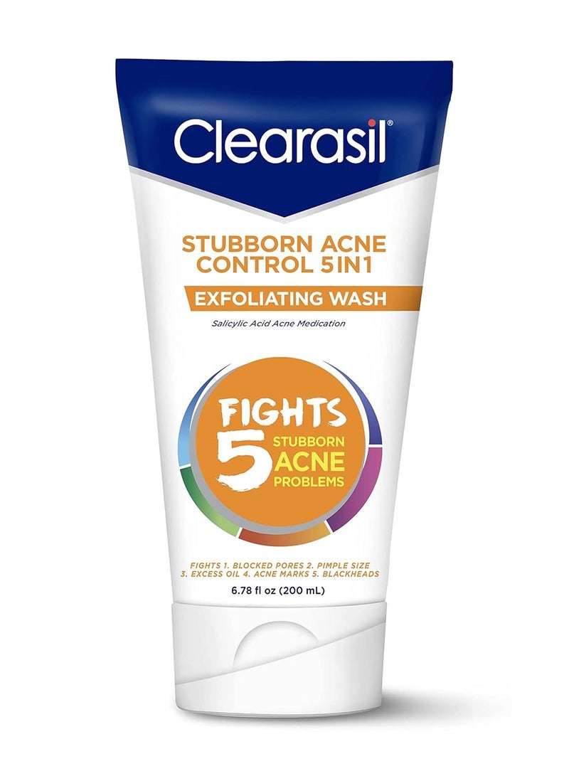 Clearasil Clearasil Stubborn Acne Control 5in1 Exfoliating Wash, Maximum Strenght with 2% Salicylic Acid Acne Treatment Medicine, Daily Acne Facial Cleanser 6.78 fl oz - Image 1