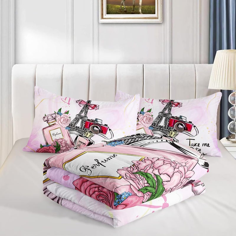 HOSIMA Pink Paris Bedroom Comforter Set, French Eiffel Tower Bedding Sets, Romantic Paris Decor for Bedroom, Fluffy Comforter 3 Pcs Twin Size - Image 3