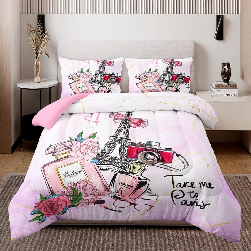 HOSIMA Pink Paris Bedroom Comforter Set, French Eiffel Tower Bedding Sets, Romantic Paris Decor for Bedroom, Fluffy Comforter 3 Pcs Twin Size - Image 2