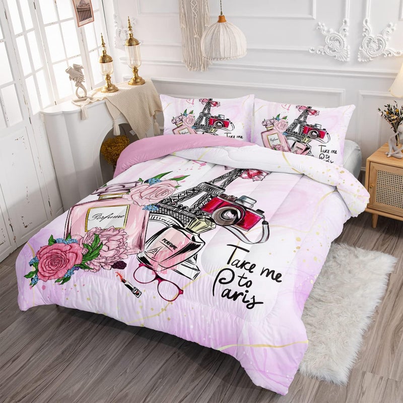 HOSIMA Pink Paris Bedroom Comforter Set, French Eiffel Tower Bedding Sets, Romantic Paris Decor for Bedroom, Fluffy Comforter 3 Pcs Twin Size - Image 4