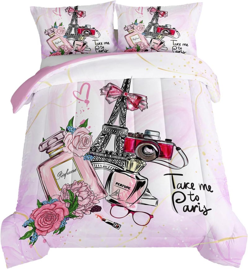 HOSIMA Pink Paris Bedroom Comforter Set, French Eiffel Tower Bedding Sets, Romantic Paris Decor for Bedroom, Fluffy Comforter 3 Pcs Twin Size - Image 1