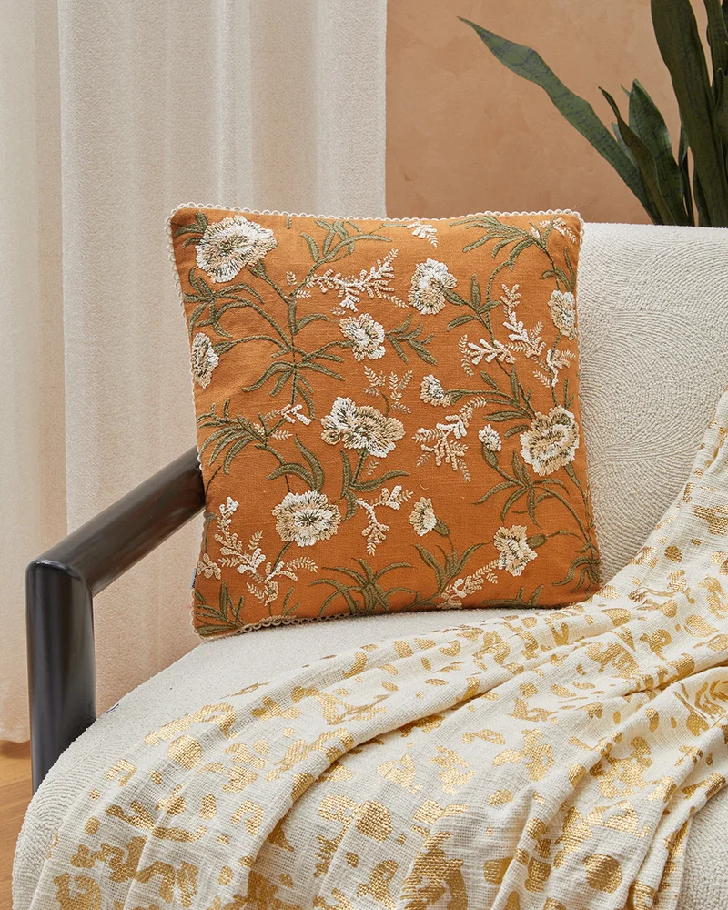 REDTAG Orange Terracotta Floral Embroidered Cushion