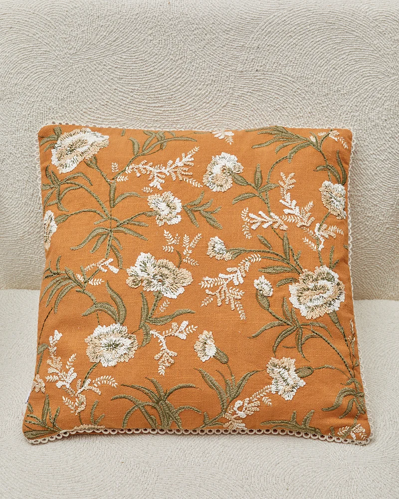REDTAG Orange Terracotta Floral Embroidered Cushion