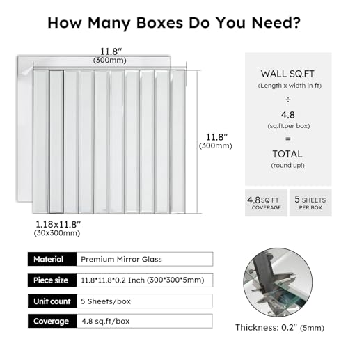 Diflart Mirror Peel and Stick Tile, 1.8 x 11.8 Inch, Beveled Mirror Backsplash Tiles for Kitchen Bathroom Bar Accent Wall, Pack of 5 Sheets (Silver, 1.18x11.8 Inch) - Image 3