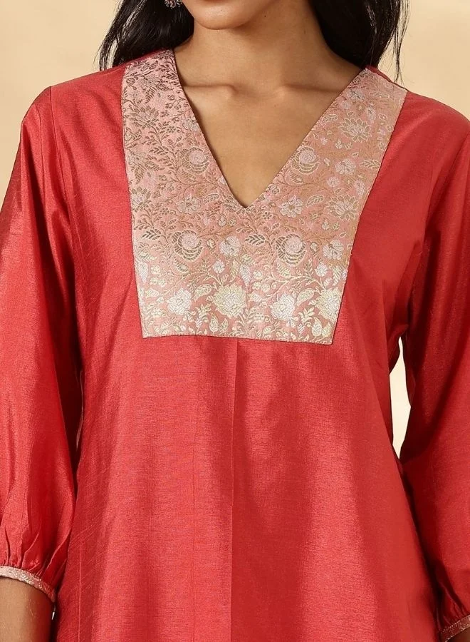 أبهشتي Rust Orange V Neck  Kurta with Brocade Accent and  Balloon Sleeves