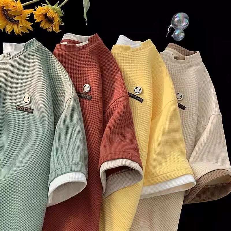 Waffle Fake Two-piece Short-sleeved Summer Salt Style Milk Sweet All-match T-shirt ins Trendy Neutral Style Loose Small T-shirt - Image 2
