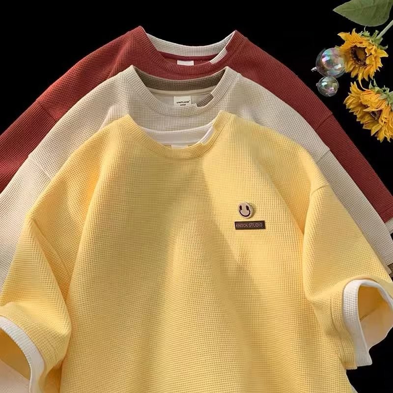 Waffle Fake Two-piece Short-sleeved Summer Salt Style Milk Sweet All-match T-shirt ins Trendy Neutral Style Loose Small T-shirt - Image 3