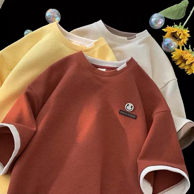 Waffle Fake Two-piece Short-sleeved Summer Salt Style Milk Sweet All-match T-shirt ins Trendy Neutral Style Loose Small T-shirt - Image 5