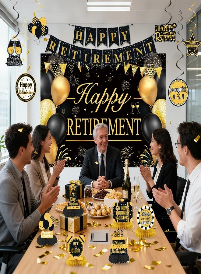 YTHETM Retirement Party Decorations for Men Women Black Gold Happy Retirement Banner Backdrop Honeycomb Centerpiece Cake Topper Hanging Swirl Set - Image 5