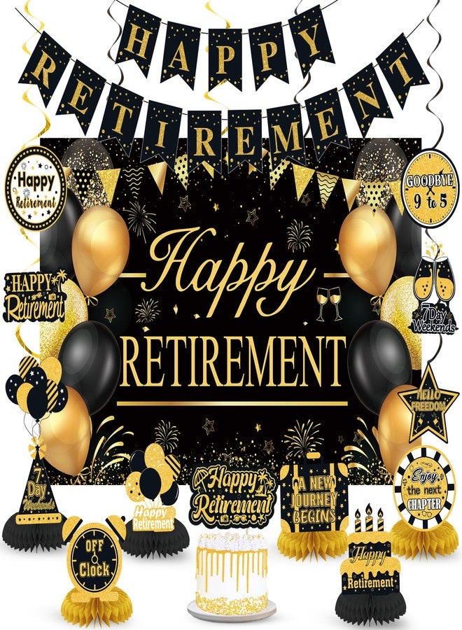 YTHETM Retirement Party Decorations for Men Women Black Gold Happy Retirement Banner Backdrop Honeycomb Centerpiece Cake Topper Hanging Swirl Set - Image 1
